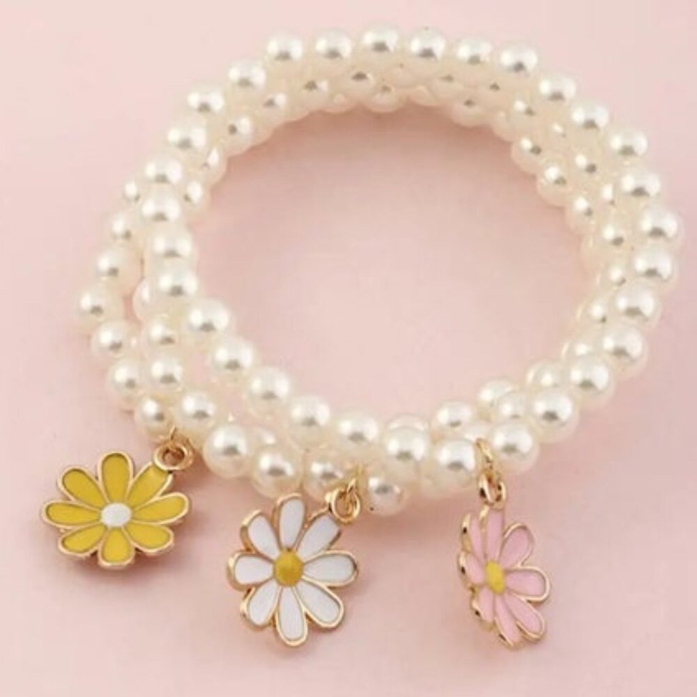 Pearl Bracelets with Daisy Charms (Set of 3)